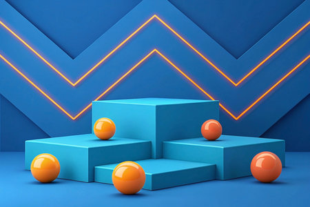 Blue product display, orange spheres, neon zigzags, 3D renderの素材