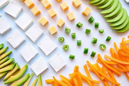 Overhead vibrant veggie & cheese platter; kitchen prepの素材