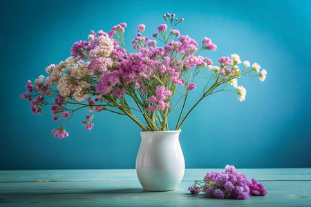 Pink flowers vase teal background wood table still life (1)の素材