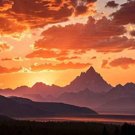 Fiery Sunset over Mountain Range, Wyoming Landscapeの素材