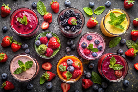 Assorted fruit smoothies in glasses, garnished with fresh berries and mint.の素材
