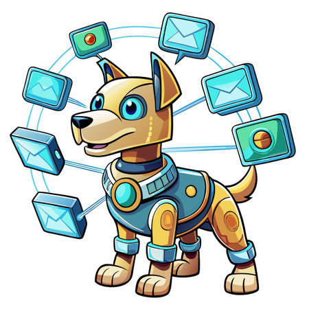 Robotic dog with floating tech icons. Cartoon illustration on white backgroundのイラスト素材