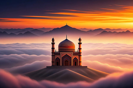 Majestic mosque on a hilltop amidst a breathtaking sunset and clouds.の素材