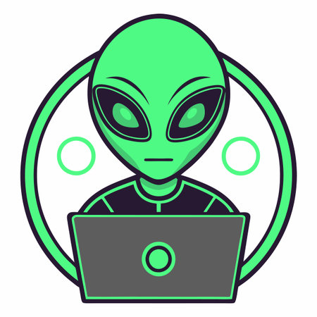 Cartoon alien working on a laptopのイラスト素材