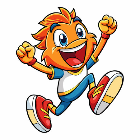 Cheerful cartoon character with orange hair and blue clothes jumping joyfully, smiling widelyのイラスト素材