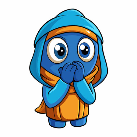 Cute blue figure with big eyes, hooded, and wearing an orange scarf, holding hands togetherのイラスト素材