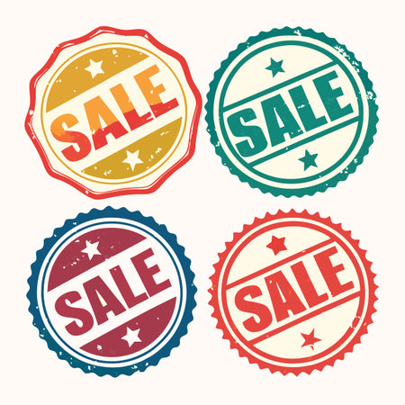 Four circular "SALE" seals in retro, varied colors with starsのイラスト素材
