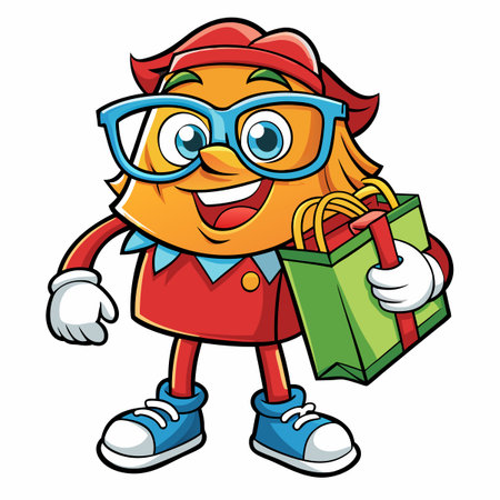 Cartoon character smiling with glasses holding a green gift bag with red ribbonのイラスト素材
