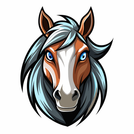 Animated horse head brown face, blue eyes, and gray mane. Detailed, vibrantのイラスト素材