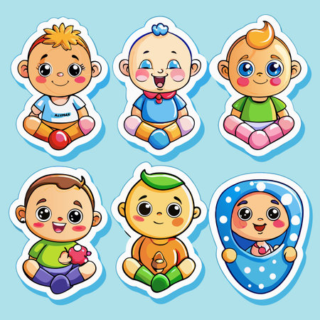 Cartoon baby stickers. Adorable, colorful illustrations of cute infants in various posesのイラスト素材