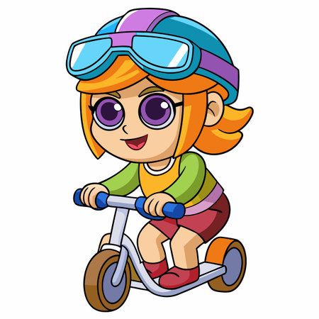 Cartoon girl riding a scooter, wearing helmet and gogglesのイラスト素材