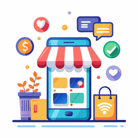 Smartphone with storefront, shopping app,  online commerceのイラスト素材