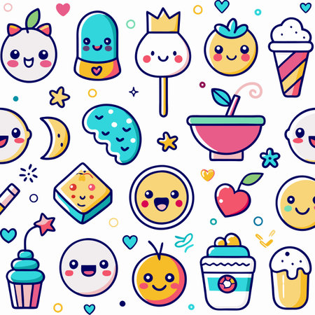 Cute food sticker set. Kawaii characters with smiling faces on white backgroundのイラスト素材