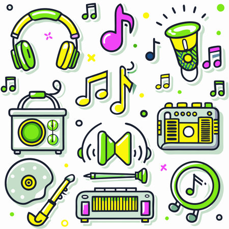 Colorful illustrations of music symbols, microphone, headphones, radio, music player, and flute with musical notesのイラスト素材