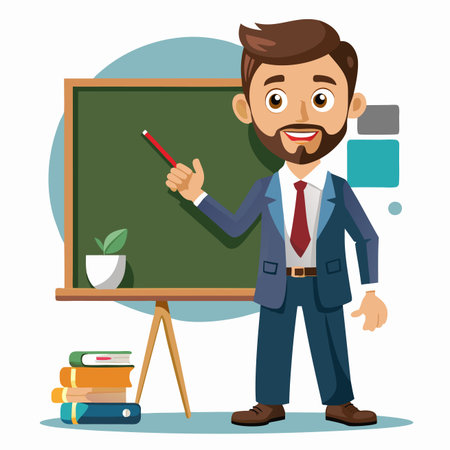 Cartoon teacher with blackboard, books, and plant in a classroom settingのイラスト素材