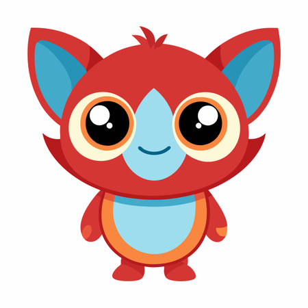 Cute red creature with big eyes and blue accents stands on a white backgroundのイラスト素材