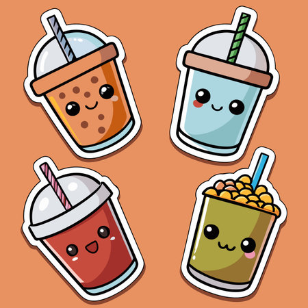 Cute, colorful boba drinks with smiling faces. Boba cups on orangeのイラスト素材