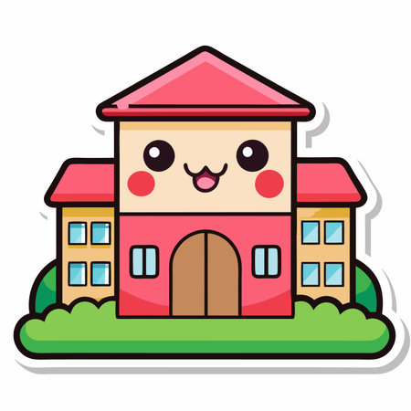 Kawaii building illustration with pink roof, cute face, and green lawnのイラスト素材