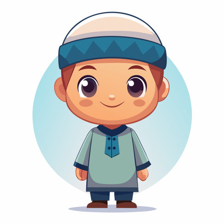 Cartoon boy in traditional attire with cap, smiling on blueのイラスト素材