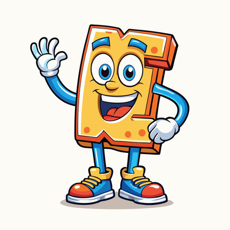 Cartoon "M" character waving with a happy expression, wearing shoesのイラスト素材