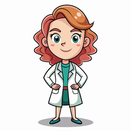 Female cartoon doctor. Wearing a white coat. Smiling, ready to helpのイラスト素材