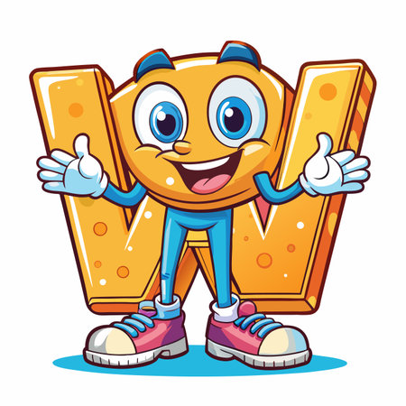Cheerful cartoon character standing beside a large letter W, posing with a joyful expressionのイラスト素材