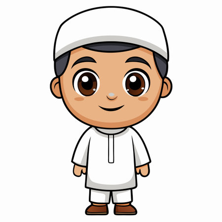 Cartoon boy in white clothing and cap, smiling on a plain backgroundのイラスト素材