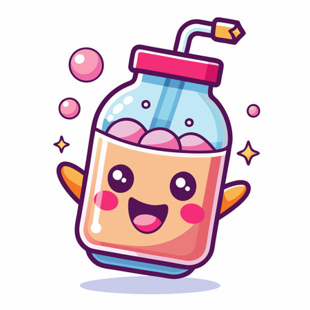 Cute cartoon soda bottle with happy expression, bubbles, and a strawのイラスト素材