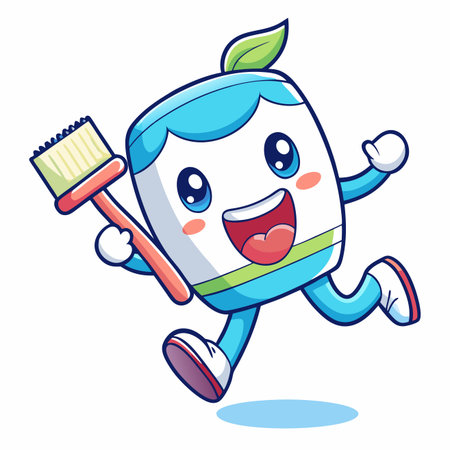 Cheerful character with brush, light blue, white, ready to paint, running fastのイラスト素材