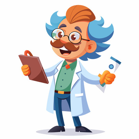 Scientist character holding clipboard and test tube, smilingのイラスト素材