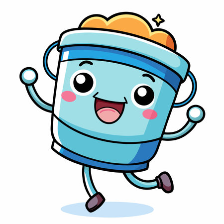 Happy bucket cartoon! Full pail, eyes, smile, running, with arms. Cheerful vector designのイラスト素材