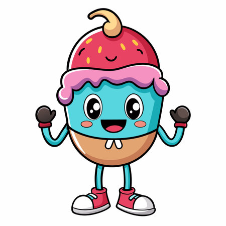 Cute cupcake character with sprinkles, smile, and arms. Cheerful dessert mascotのイラスト素材