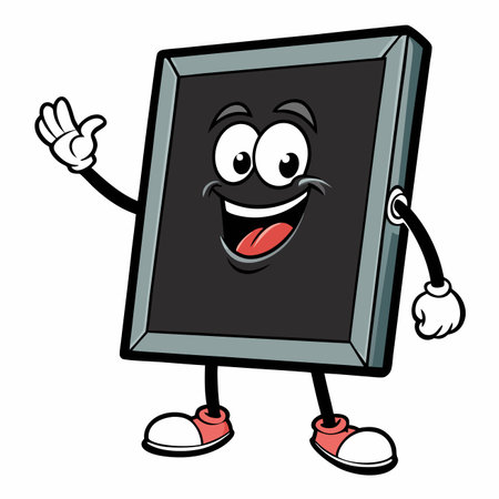 Cartoon framed graphic with happy expression and waving handのイラスト素材