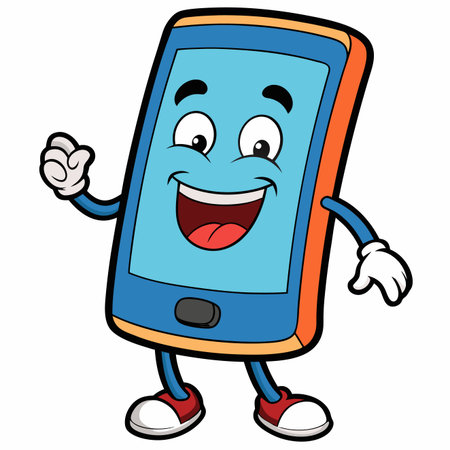 Cartoon cellphone with happy expression and gestureのイラスト素材