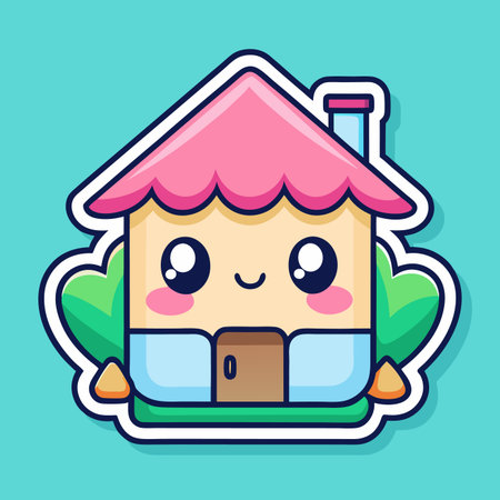 Cute house with pink roof, smiling, surrounded by green bushes, on turquoiseのイラスト素材
