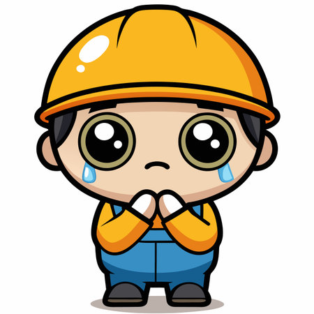 Crying construction worker with clasped hands, yellow hardhat, and blue overalls, cartoon styleのイラスト素材