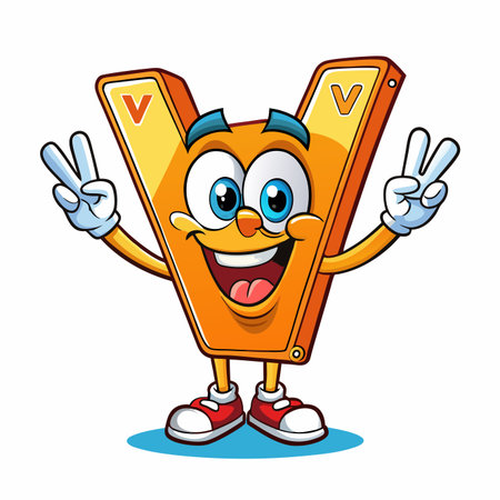 Orange letter V character making peace sign with handsのイラスト素材