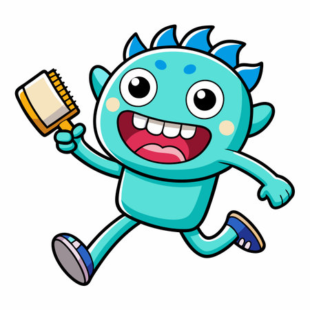 Cartoon creature, light blue, running, holding brushのイラスト素材