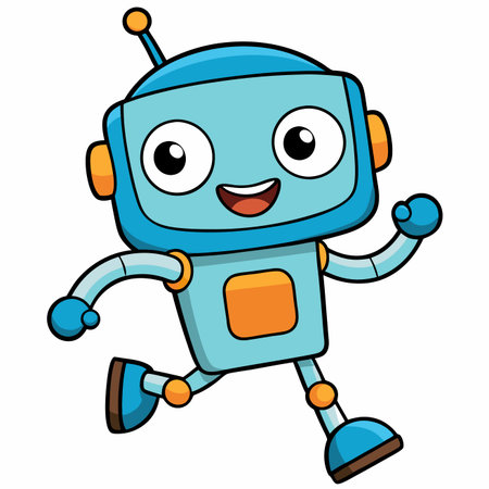 Cartoon robot, light blue, running, happy expressionのイラスト素材
