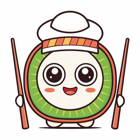 Cute kiwi character wearing chef's hat, holding chopsticksのイラスト素材