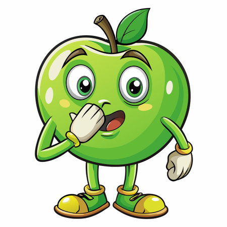 Cartoon green apple with surprised expression, covering mouthのイラスト素材
