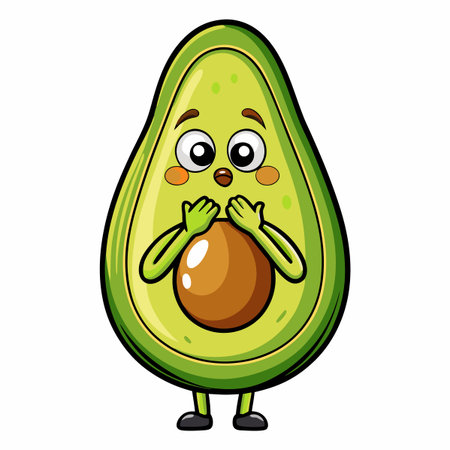 Cartoon avocado character with surprised expression and hands near mouthのイラスト素材