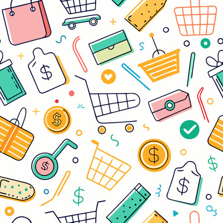 Shopping seamless pattern. Totes, carts, tags, &amp; coins scattered on white background. Cute &amp; vibrant doodlesのイラスト素材