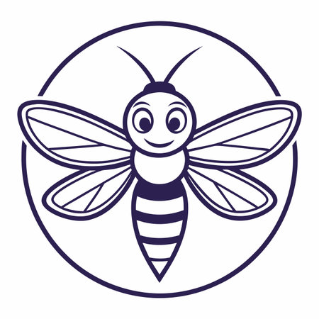 Cartoon bee with wings and a friendly smile, inside a circle outlineのイラスト素材