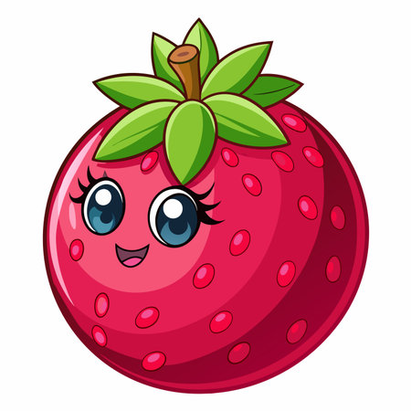 Cute strawberry illustration with a sweet smiling face and bright green leavesのイラスト素材