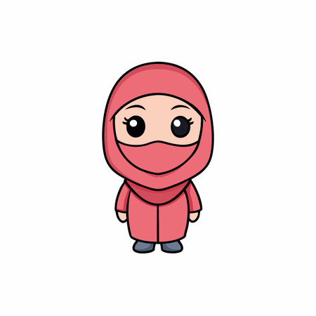 Cute, cartoon-style woman wearing a hijab and niqab, outlined in black, against a plain white backgroundのイラスト素材