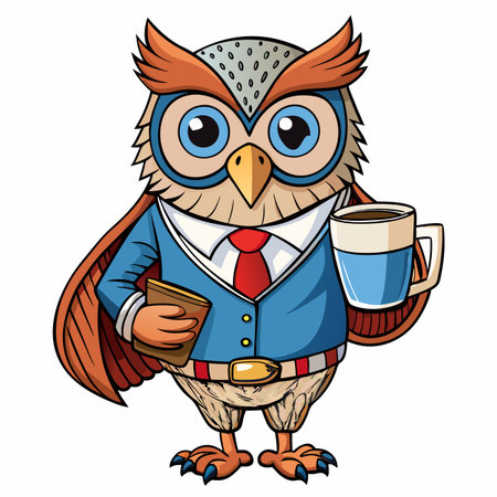 Dressed owl with coffee mug and book, cartoonのイラスト素材
