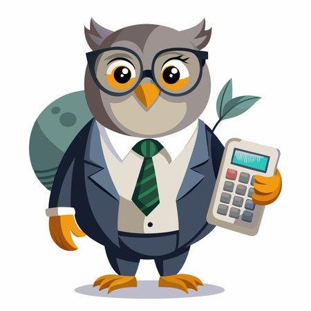 Cartoon owl wearing glasses, suit, tie and holding calculator, briefcase, leavesのイラスト素材