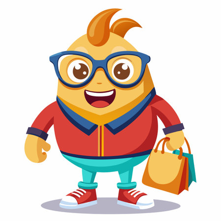 Shopping guy cartoon Eyeglasses, red shirt, and teal pants holding shopping bagのイラスト素材