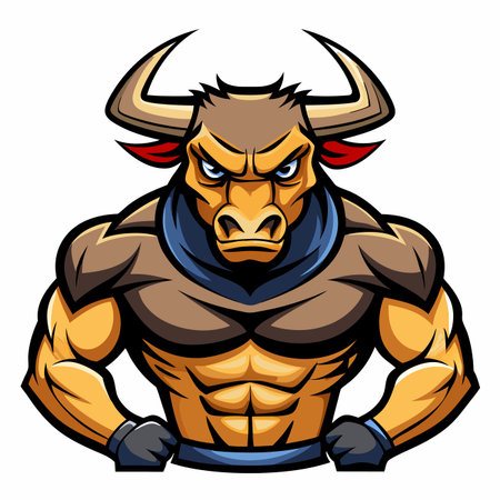 Muscular cartoon bull with a stern expression, fists clenchedのイラスト素材